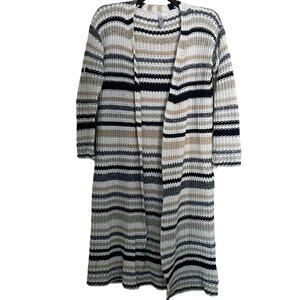 Alya White & Tan Striped Open Knit Duster Cardigan - Size Small - Open Sweater